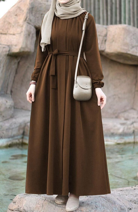 Coffee Brown Pleated Crepe Abaya with Waist Tie Belt