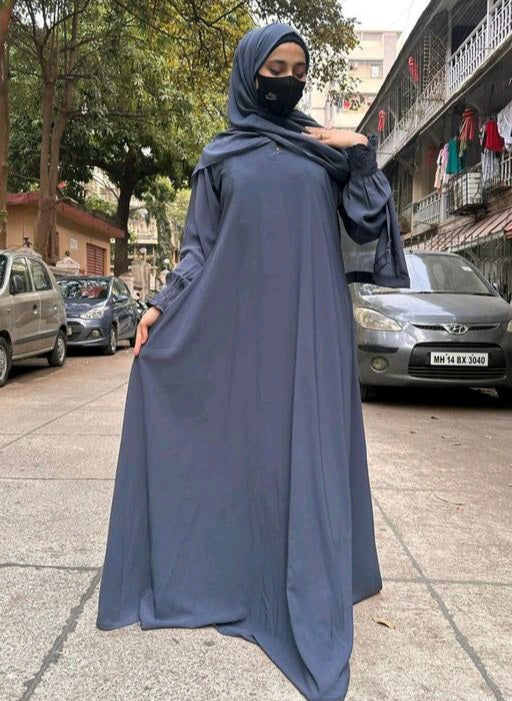 Navy Blue Flared Crepe Abaya with Smocked Bell Sleeves