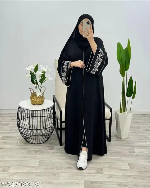 Black Embroidered Nida Abaya with White Piping & Hijab