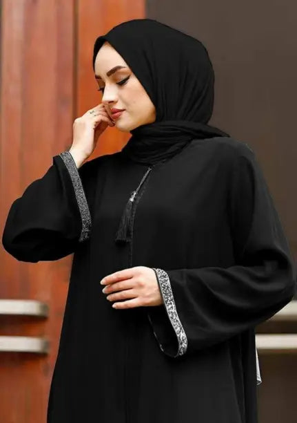 Cotton Blend Self Design Burqa With Hijab  (Black)