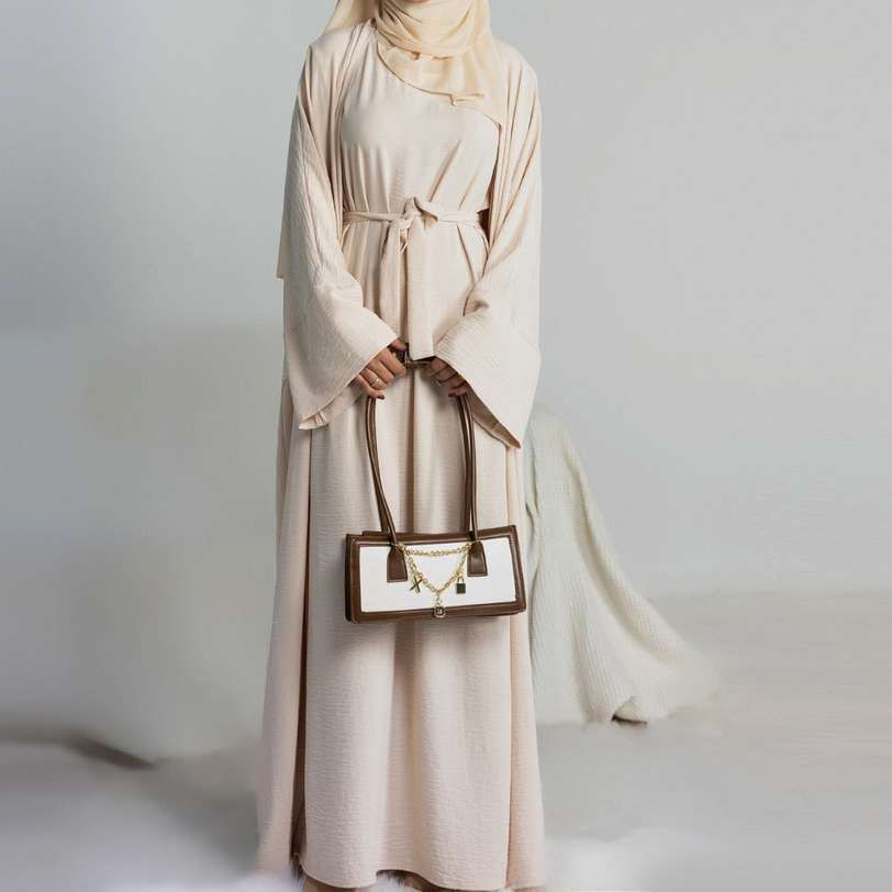 Soft Beige Textured Belted Abaya