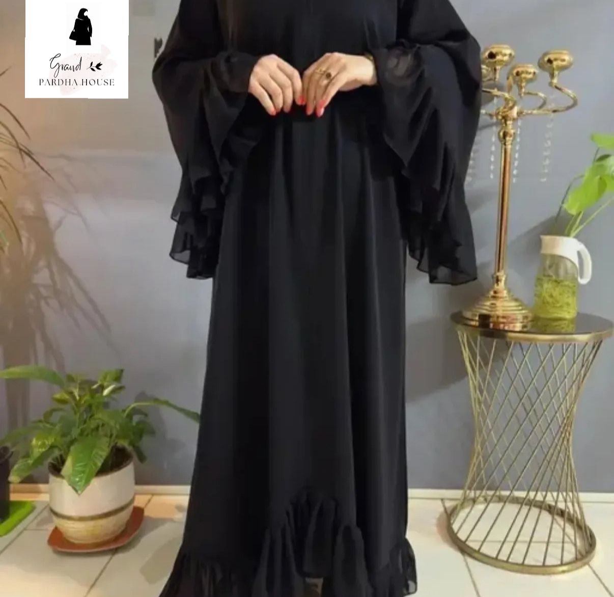 Black Layered Sleeve Ruffle Abaya (Premium Nida)