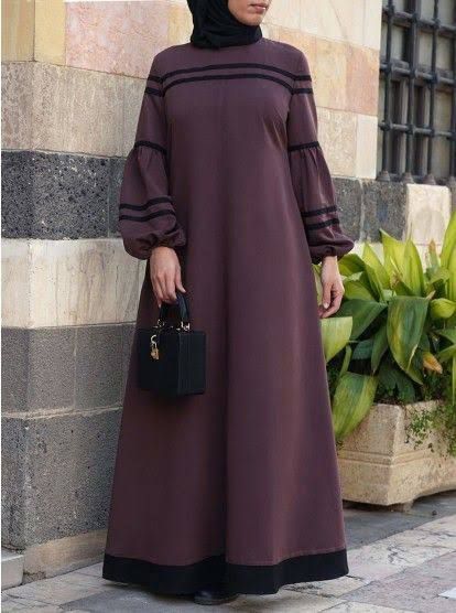 Coffee Brown A-Line Abaya with Black Contrast Panels & Puff Sleeves