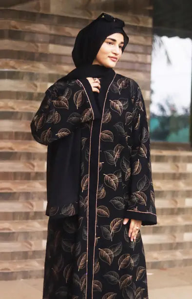 Designer Polyester Printed Abaya With Hijab  (Black)