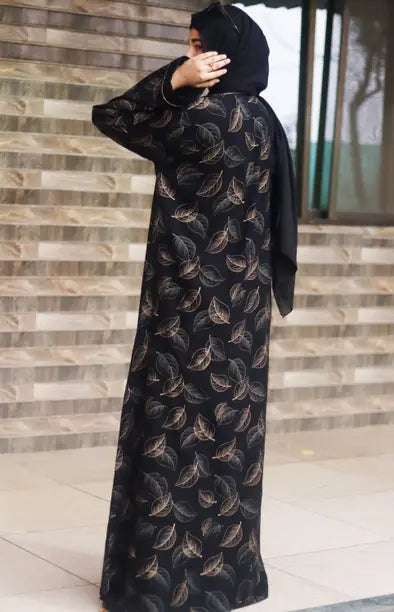 Designer Polyester Printed Abaya With Hijab  (Black)