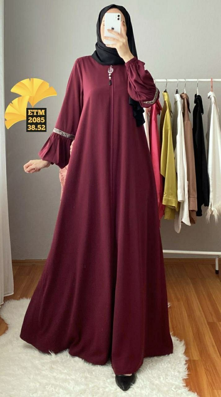 Maroon Nida Abaya with Embellished Sleeves and Hijab