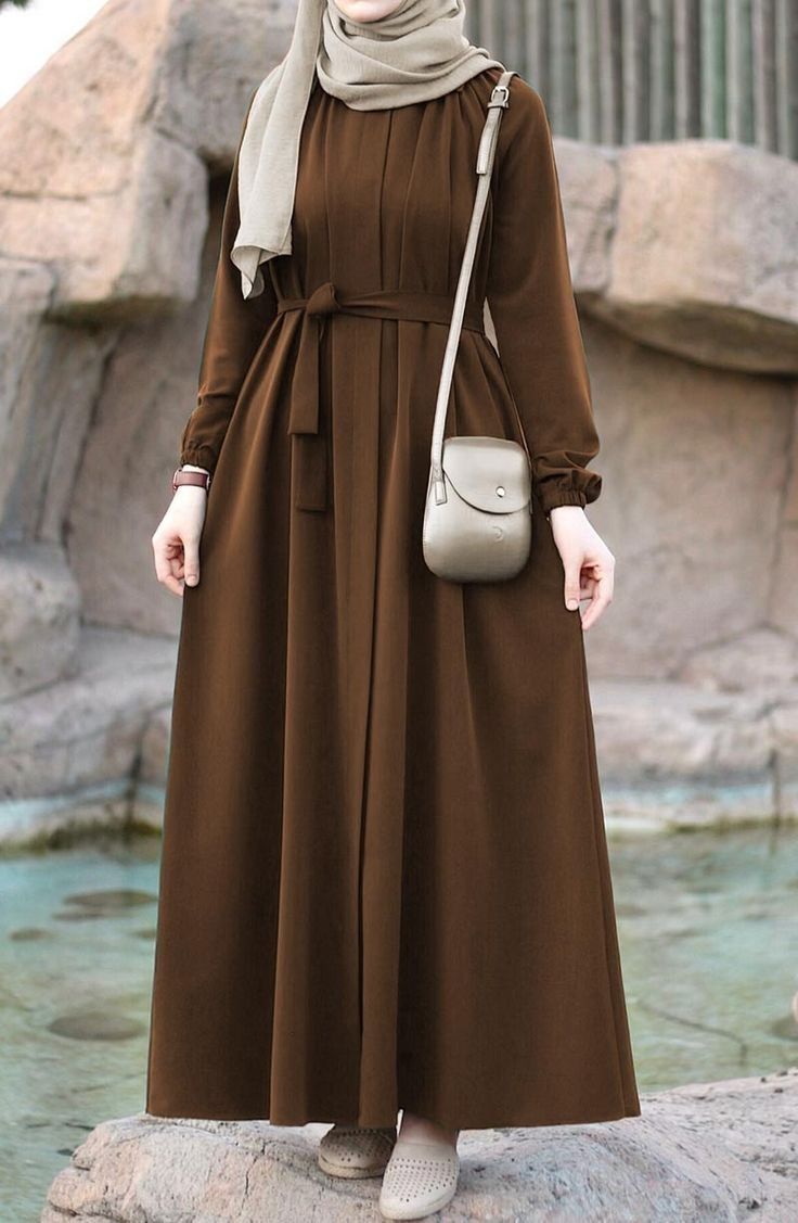 Coffee Brown Pleated Crepe Abaya with Waist Tie Belt