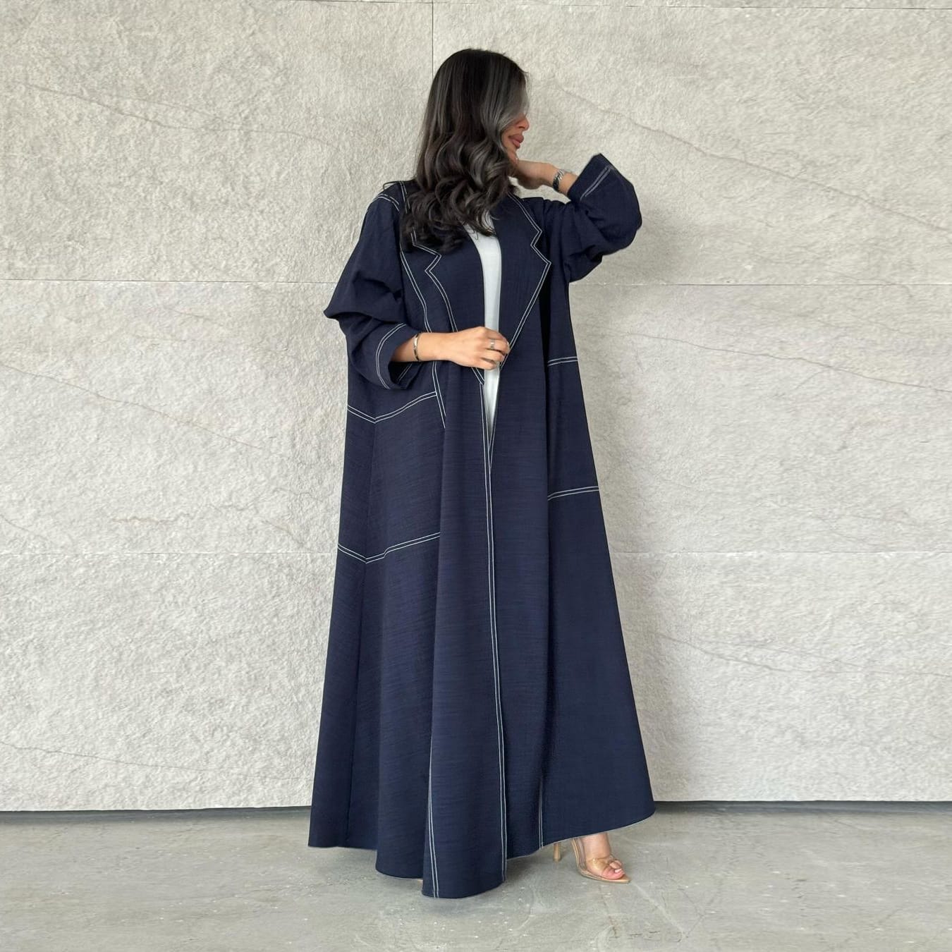 Navy Blue Open Kimono Abaya with Contrast Stitch Detailing