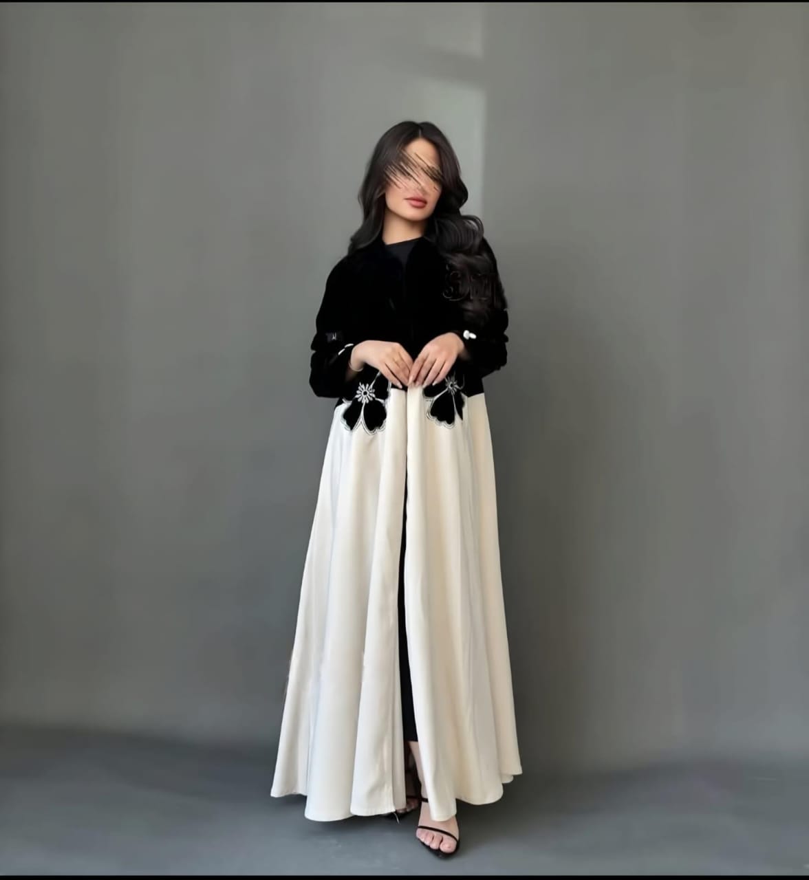 Open Style Contrast Party Abaya with Velvet & Embroidery