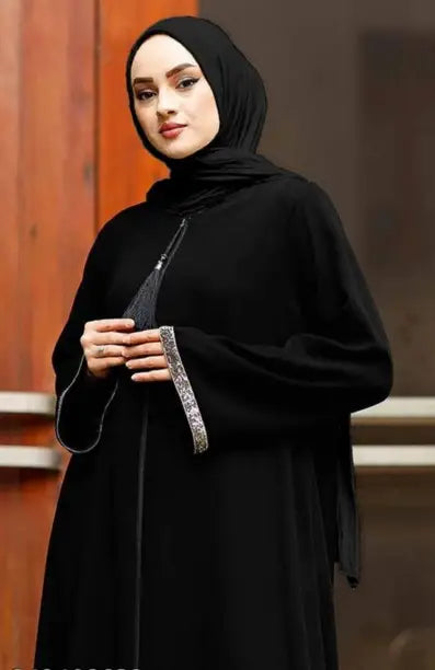 Cotton Blend Self Design Burqa With Hijab  (Black)