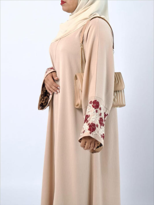 Beige Embroidered Sleeve Abaya