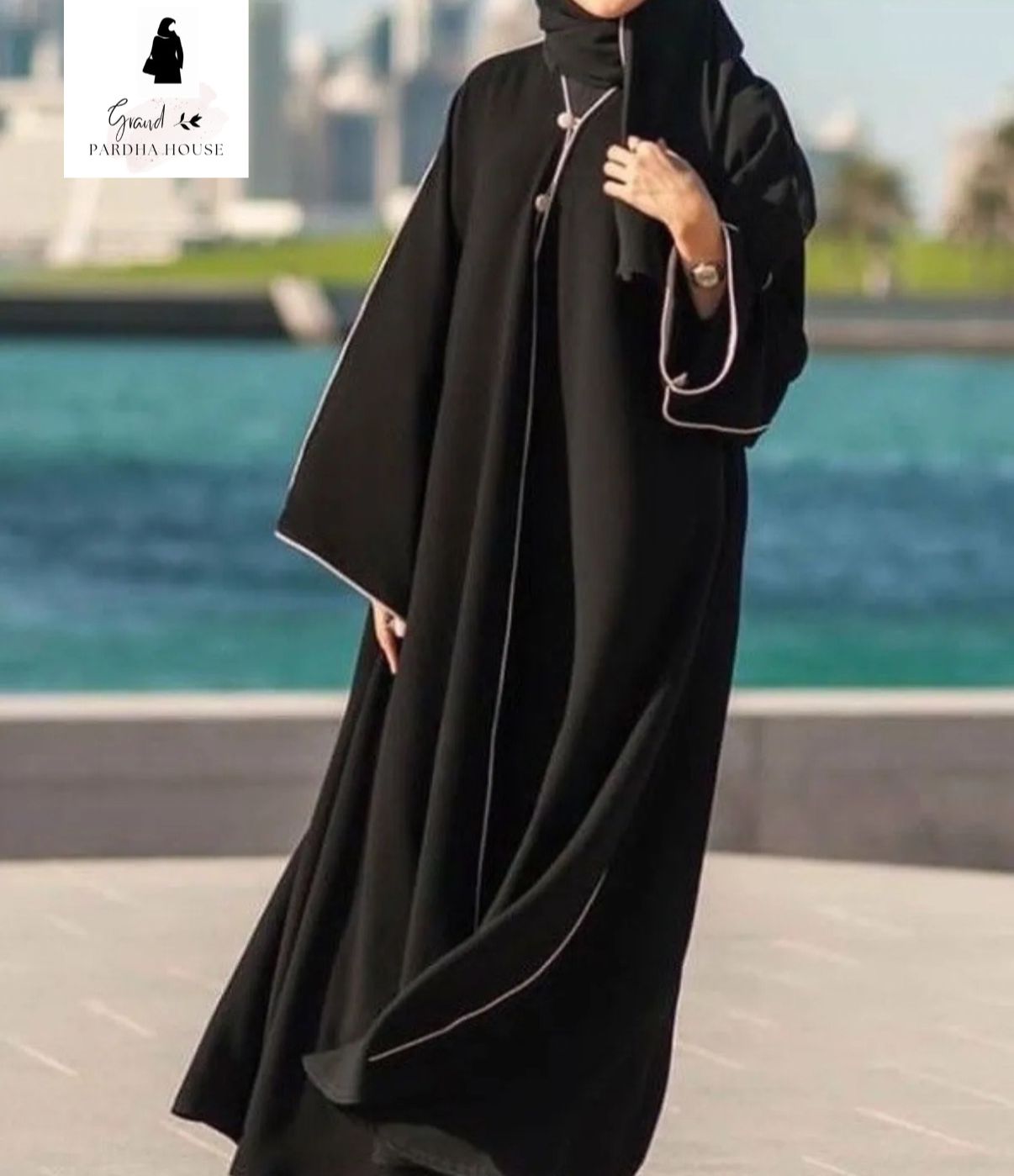 Black Nida Open Abaya with Contrast Piping