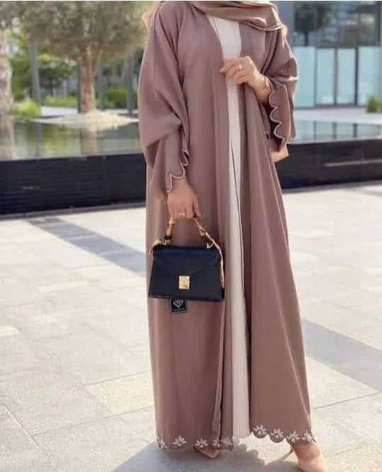Nude Open Abaya With Scallop Detailing