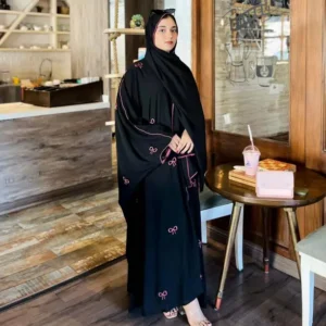 Common Kashibo, Cotton Silk Solid Abaya With Hijab  (Black)