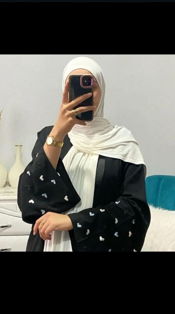 Stylish Nida Abaya with Embroidered Heart Sleeve Design & Hijab – Black