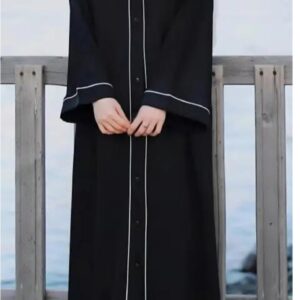 Classic Nida Button-Down Abaya with Contrast Piping & Hijab – Black