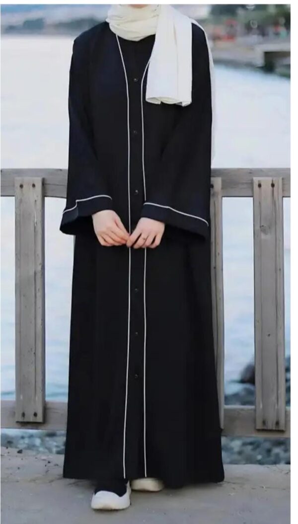 Classic Nida Button-Down Abaya with Contrast Piping & Hijab – Black