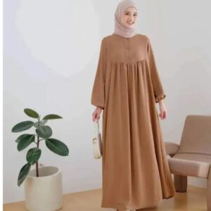 Nida Gathered Abaya with Buttoned Bodice & Hijab – Caramel Brown