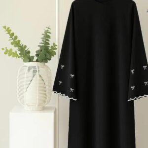 Nida Abaya with Bow Embroidered Sleeves & Scallop Hem – Black