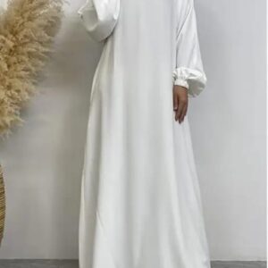 Plain White Nida Abaya with Elastic Puff Sleeves & Hijab – Elegant Design