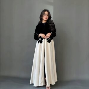 lack & White Contrast Abaya with Floral Embroidery